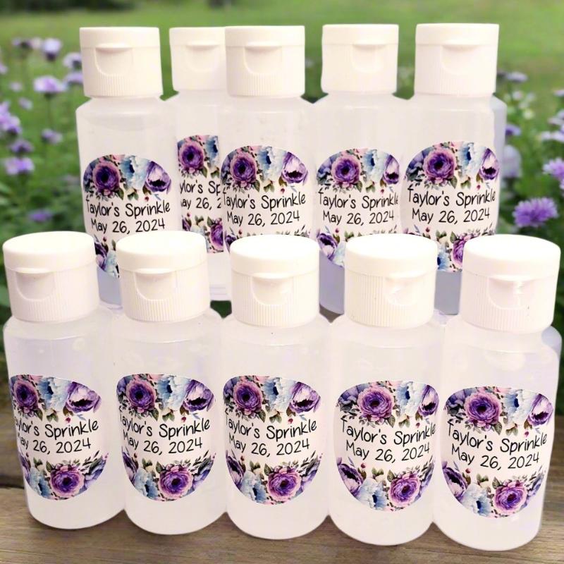 Personalized Purple Floral Hand Sanitizer Party Favors