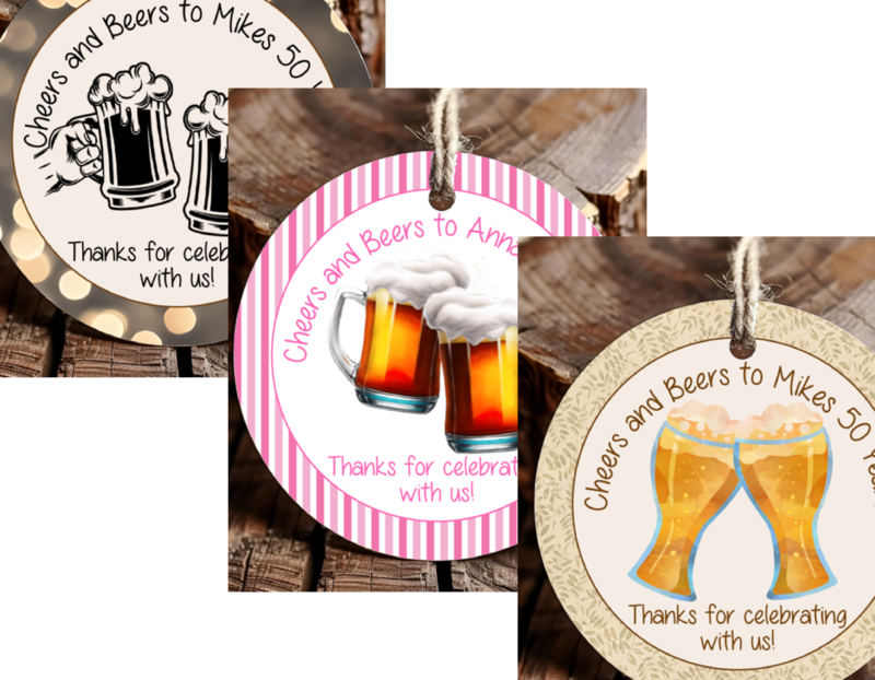 Personalized Cheers and Beers Adult Birthday Party Round Favor Tags