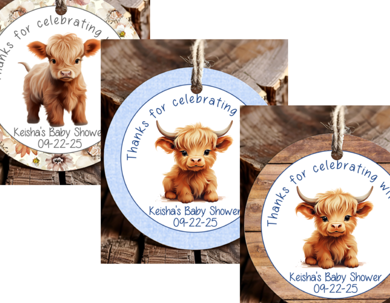 Personalized Highland Cow Round Thank You Favor Tags