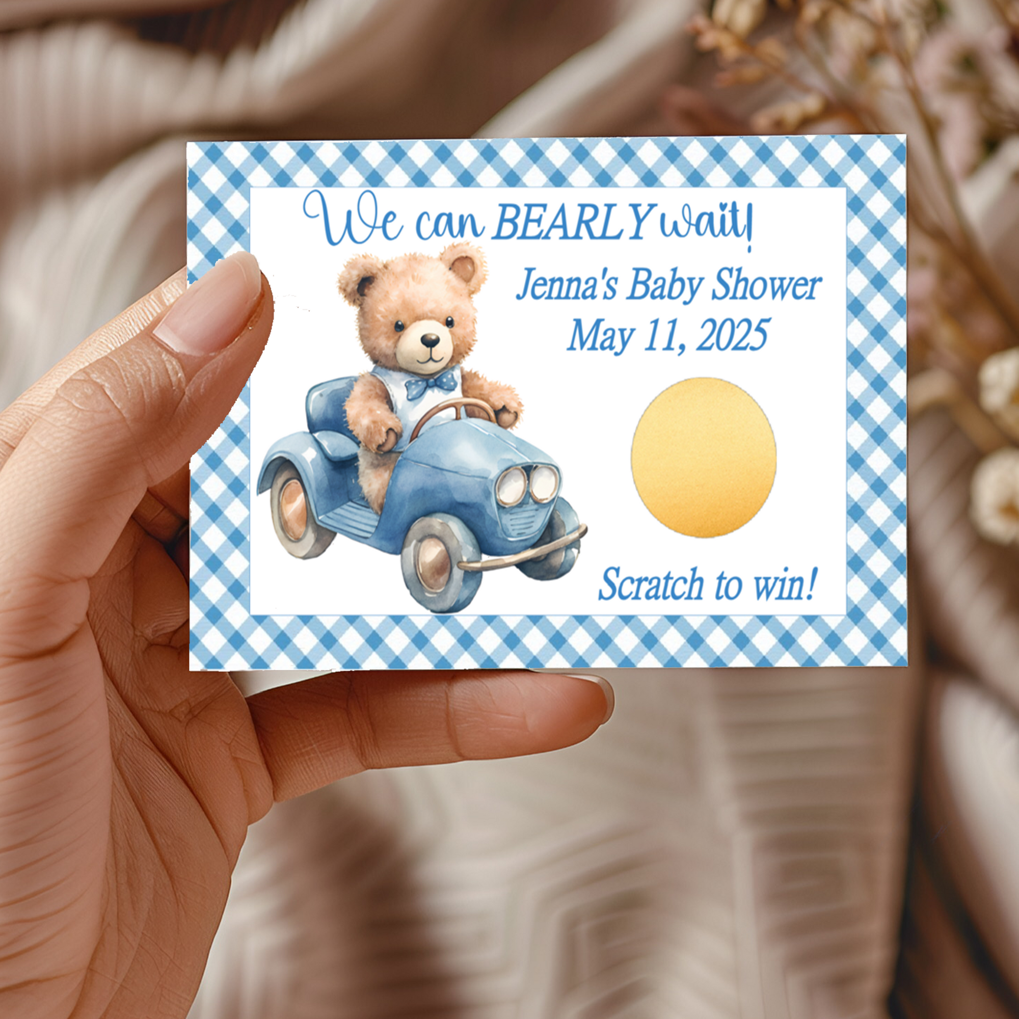 Personalized We Can Bearly Wait Blue Bear Baby Shower Game Scratch Off