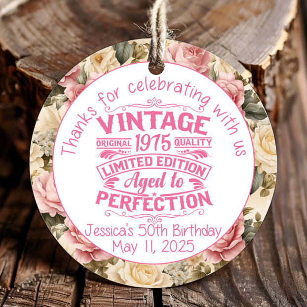 Personalized Vintage Birthday Party Round Thank You Favor Tags