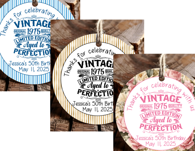 Personalized Vintage Birthday Party Round Thank You Favor Tags