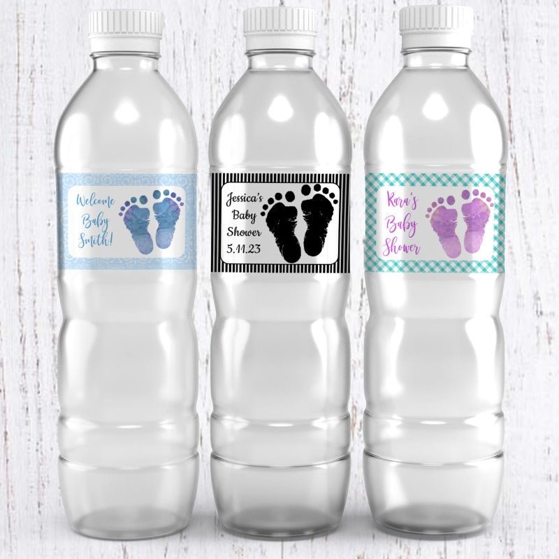 Personalized Baby Feet Baby Shower Waterproof Water Bottle Labels - Favors Today