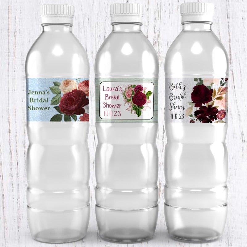 Personalized Maroon Burgundy Floral Waterproof Water Bottle Labels - Favors Today