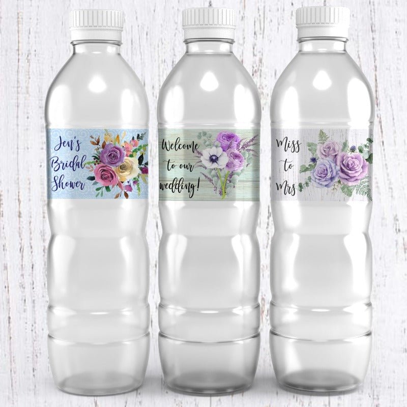 Personalized Purple Floral Waterproof Water Bottle Labels Many Options - Favors Today